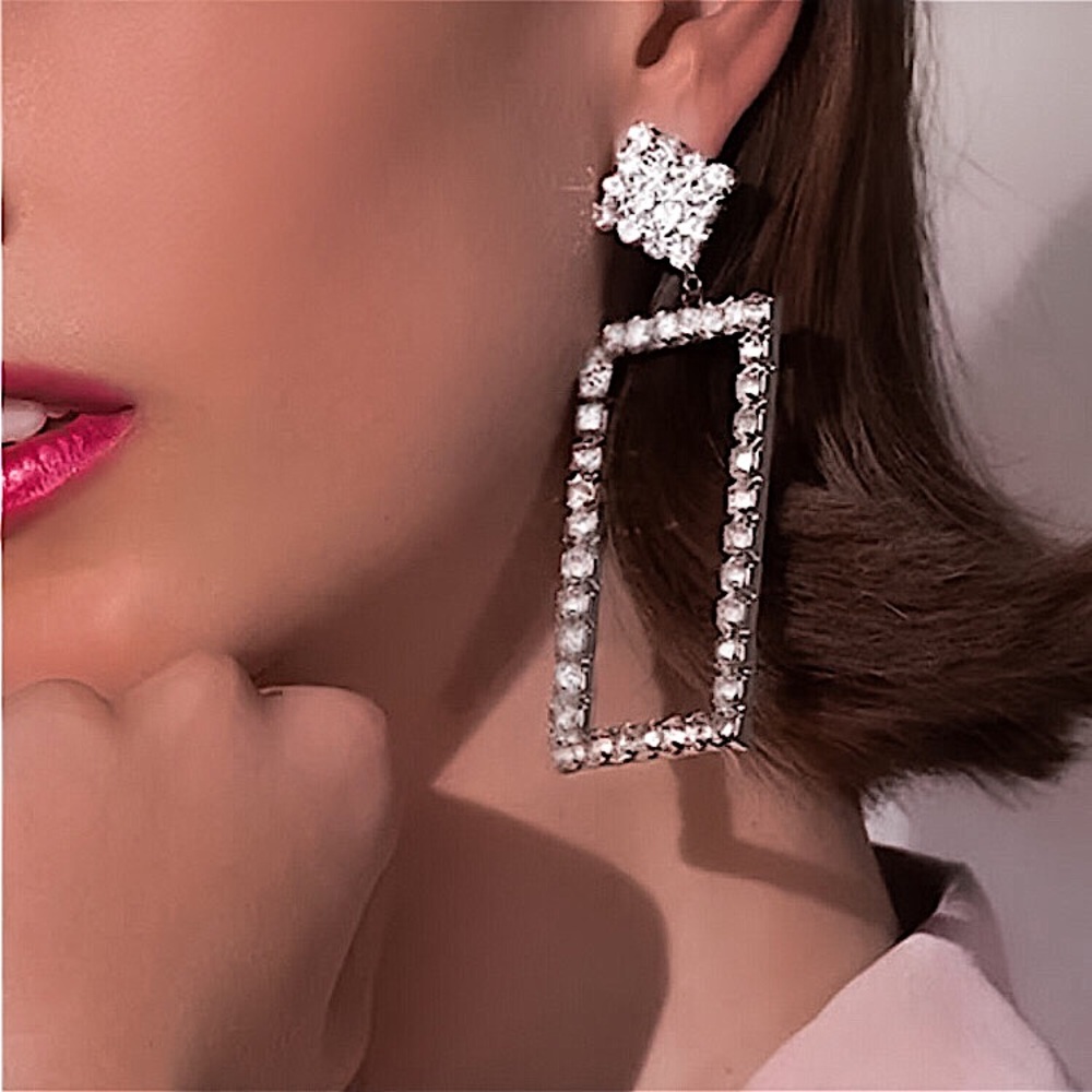 ⚜️[𝟯/$𝟭𝟴]⚜️NEW 925 Large Rhinestone Rectangular Drop Earrings - Picture 5 of 6